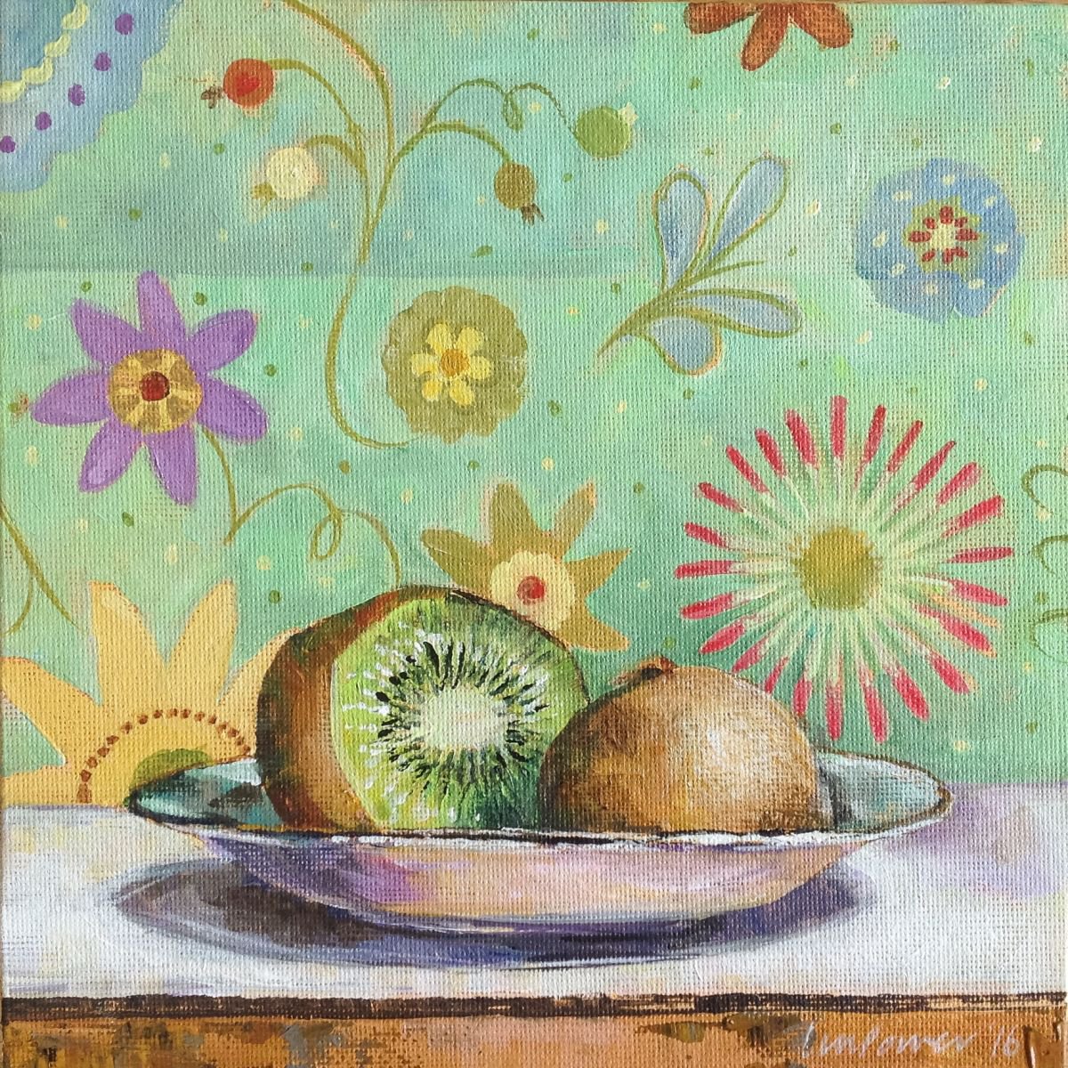 Kiwi Fruit With A Floral Background By Luci Power, 8 X 8, Artwork For Sale On Artfinder