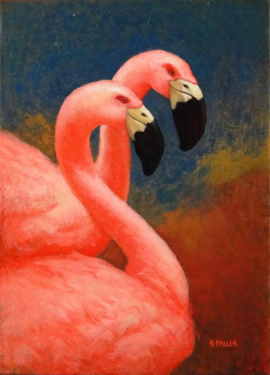 Photorealistic Animal Oil Painting By Rick Paller, 10 X 14", Pink Flamingos, Original Artwork