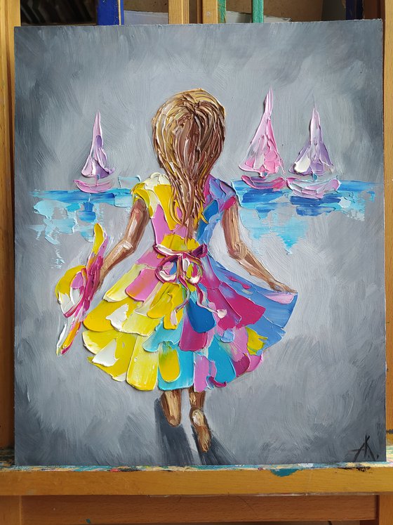 Waiting -  oil painting, love, child, sail, boat, sea, sea and beach, childhood, sea and sky, girl, seascape, children