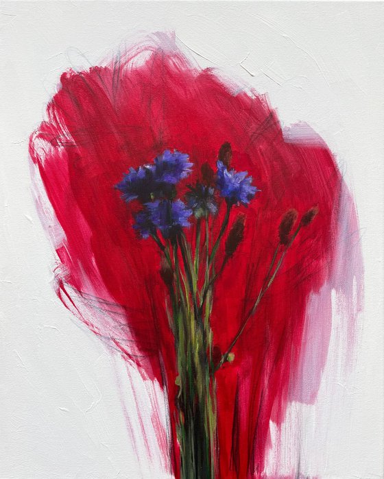 blue flowers on red