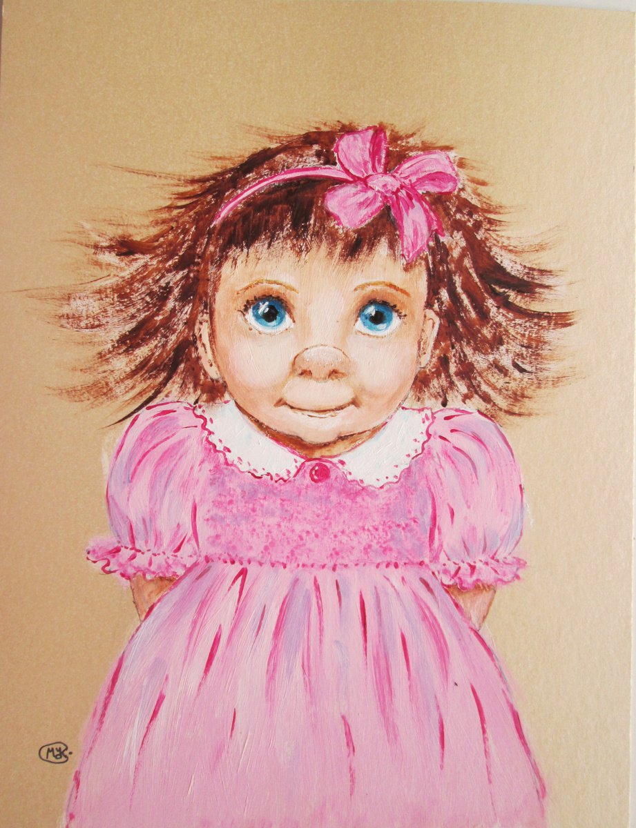 Impressionistic Portrait Acrylic Painting By Marjansart, 8 X 10", Little Girl In Pink Dress, Original Artwork