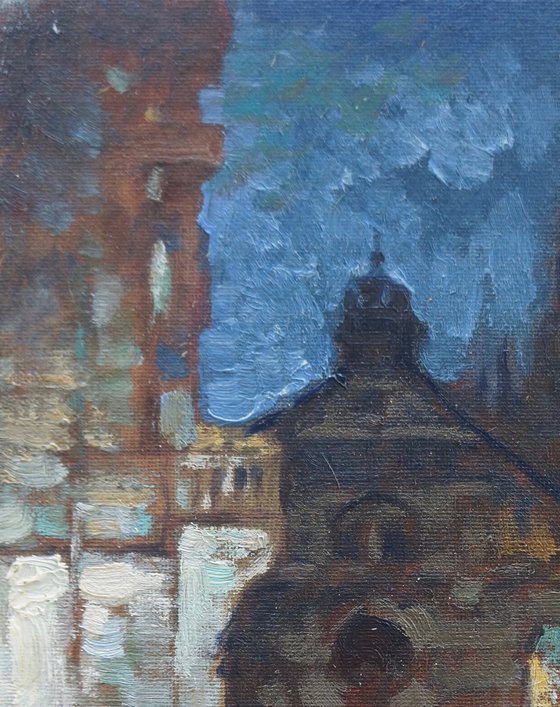 Original Oil Painting Wall Art Signed unframed Hand Made Jixiang Dong Canvas 25cm × 20cm Cityscape Night in Tubingen Germany Small Impressionism Impasto