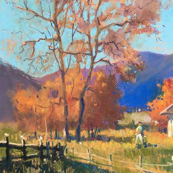 Ukrainian art Sunny Autumn day in Carpathian. Pastel on paper 19.6x19.6 inch (50x50 cm)