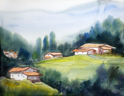 Morning Village- Watercolor on Paper by Samiran Sarkar