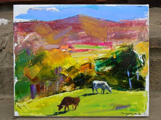 Mountain village . Cows in the meadow . Sunny day . Original oil painting