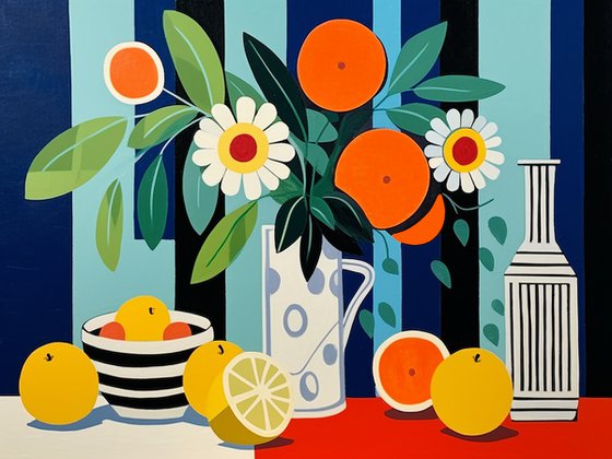 Still life with striped wallpaper