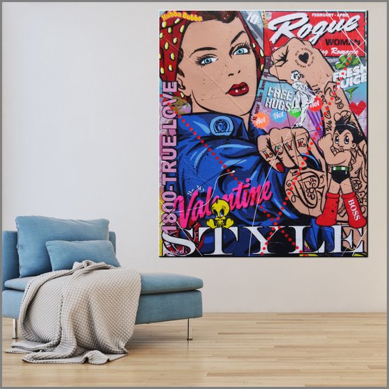Rosie Valentine 120cm x 100cm Rosie The Riveter Textured Urban Pop Art
