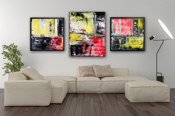 "The Reckoning" - Save As A Series - Original PMS Large Abstract Triptych Acrylic Paintings On Plexiglass and Gallery Wrap Canvas, Framed - 80" x 35"