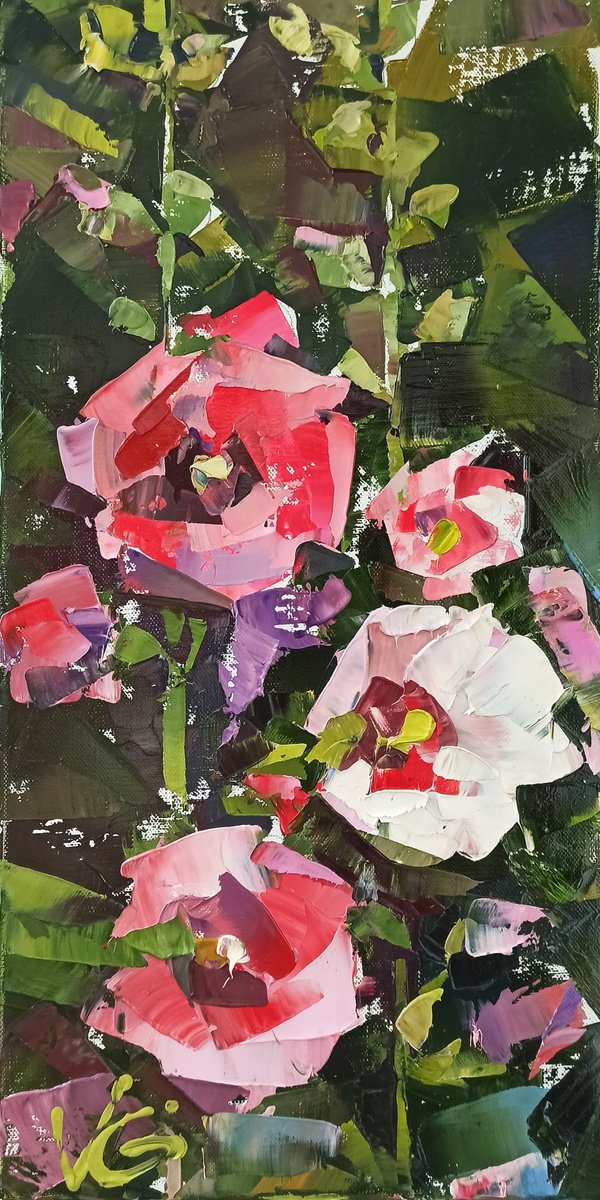 Impressionistic Botanical Oil Painting By Volodymyr Glukhomanyuk, 10 X 20", Series Mallows Part #3, Original Artwork