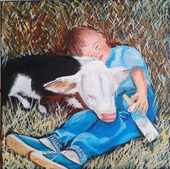 Friends. Boy and Calf