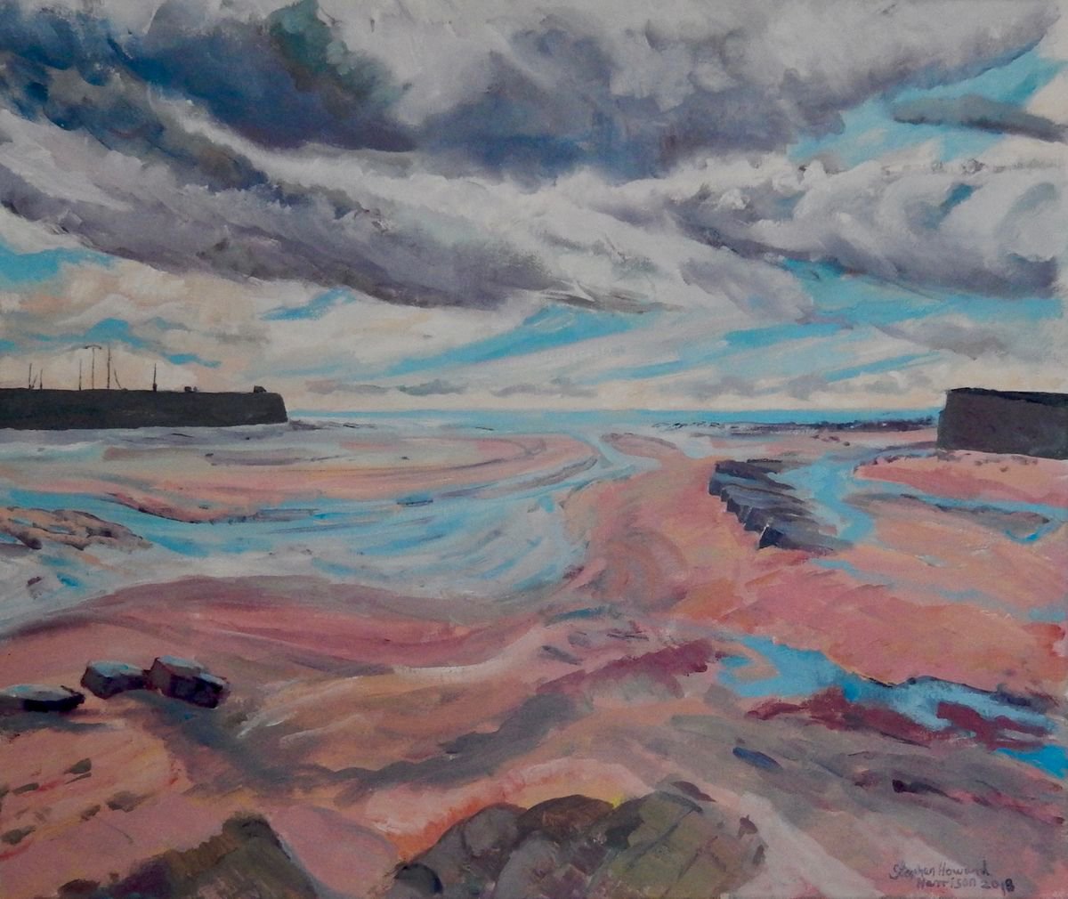 Impressionistic Landscape Oil Painting By Stephen Howard Harrison, 24 X 20", Low Tide, Anstruther Harbour, Original Artwork