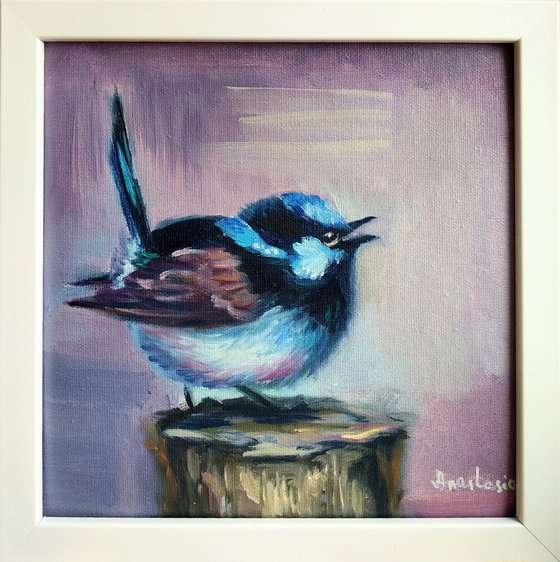 Original oil painting of Bluebird Framed and Ready to Hang