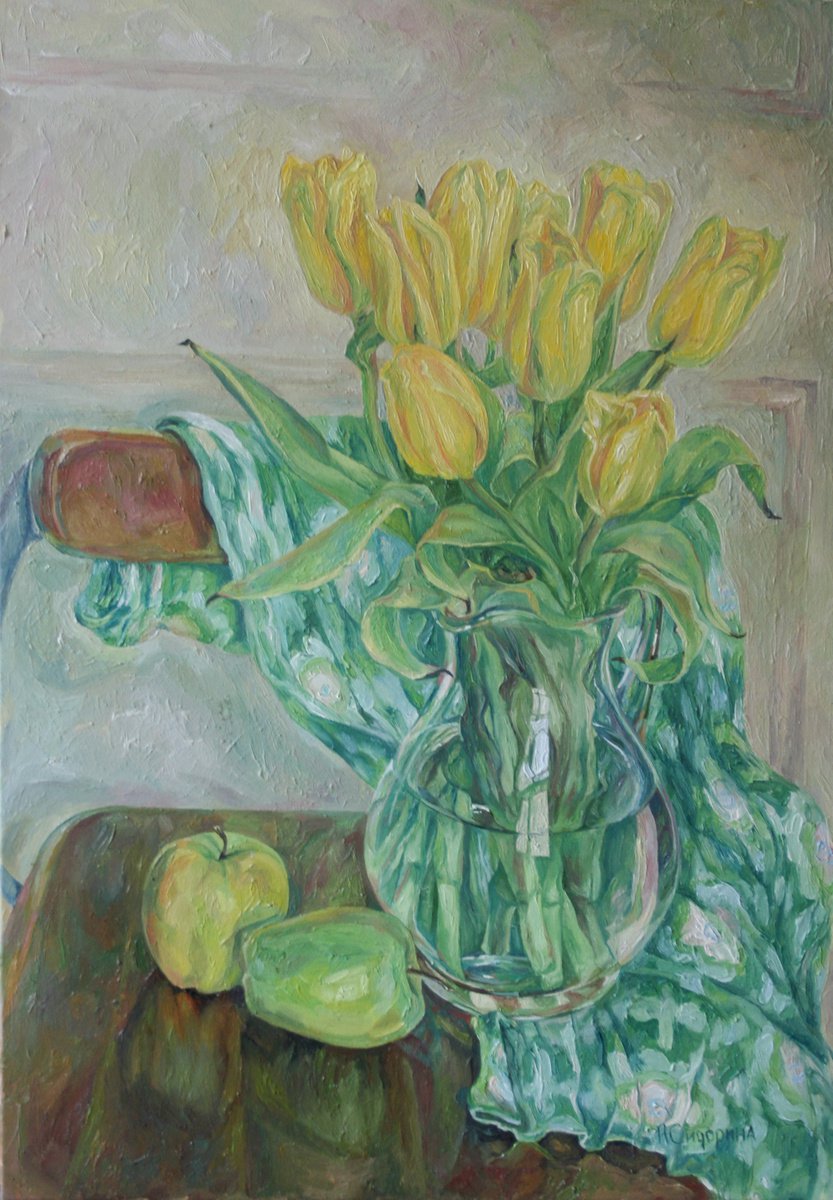 Impressionistic Botanical Oil Painting By Natalia Sidorina, 20 X 28", Yellow Tulips, Original Artwork