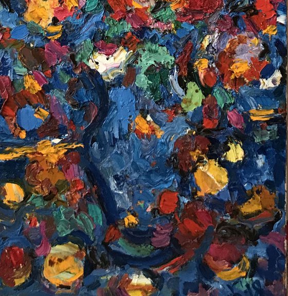 BOUQUET - Still life with flowers, original painting, oil on canvas, long, red blue, interior art home decor, redy to hang, 100x40