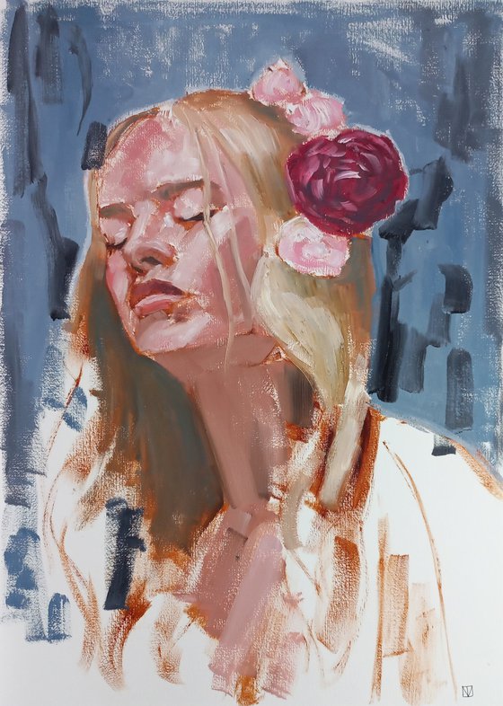 Woman oil portrait, etude, impressionistic painting, female contemporary art