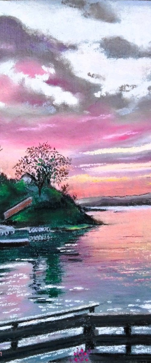 A pink sunset over the fjord by Liubov Samoilova