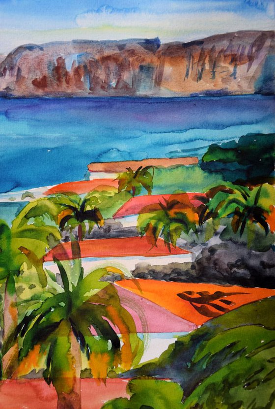 Spanish big watercolor painting Tropical sea, mountains, resort houses and flowers on Canary Islands