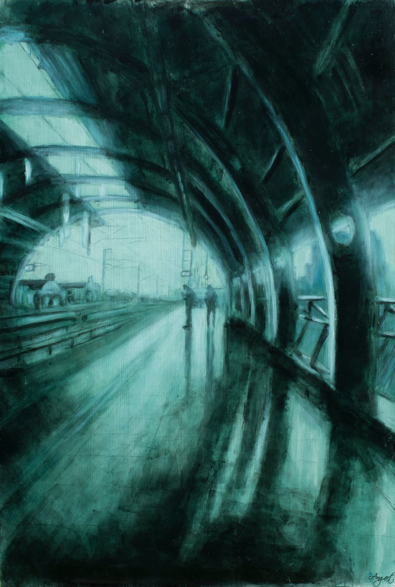 Impressionistic Cityscapes Oil Painting By Angela Suto, 28 X 41, Waiting In Vain, Original Artwork