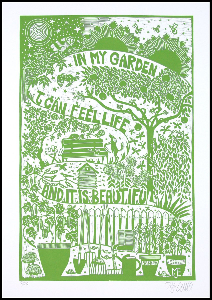 In my Garden, XL green and white linocut by Mariann Johansen-Ellis