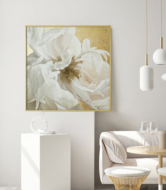 "Silk Flowers 3" White and gold peonies art