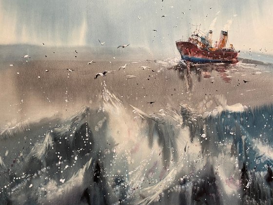 Watercolor "Old boat II” gift For Him