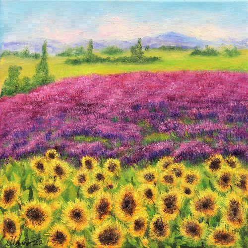 Sunflowers and lavender fields in summer by Ludmilla Ukrow