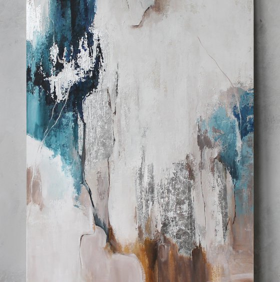 "Silver Flow" Navy silver abstract wall art
