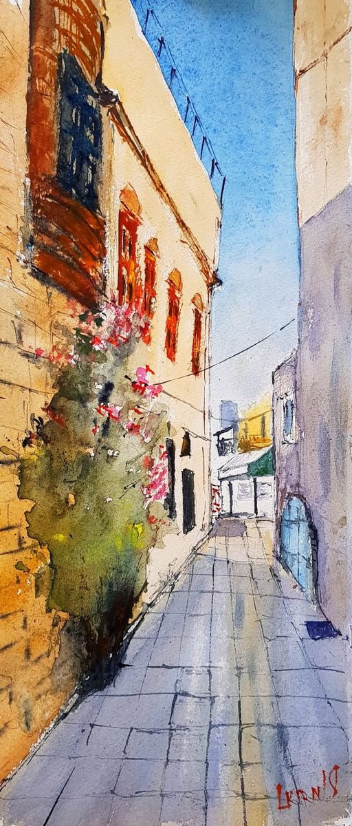Impressionistic Cityscapes Watercolour By Leonid Kirnus, 7 X 16", Back Street 2, Original Artwork
