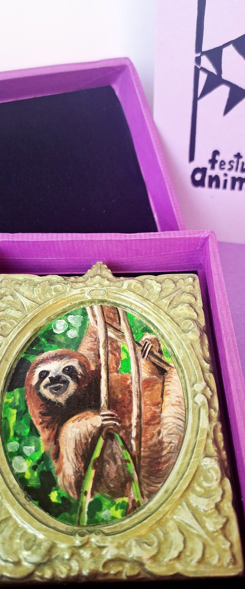 Three-toed sloth, part of framed animal miniature series "festum animalium" by Andromachi Giannopoulou