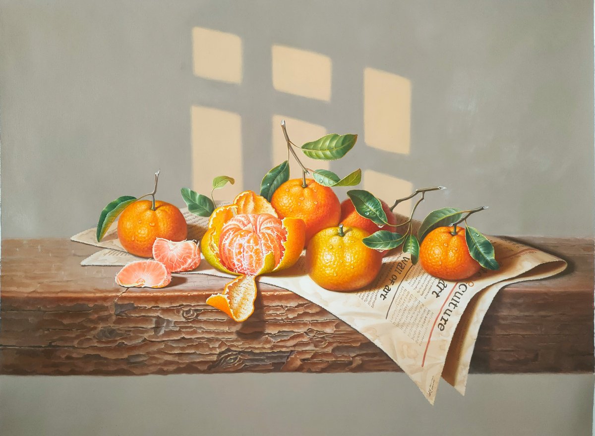 Photorealistic Still Life Oil Painting By Kunlong Wang, 31 X 24", Still Life:oranges On The Newspaper T214, Original Artwork