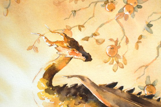Dragon and golden apple trees Fantasy painting in watercolor