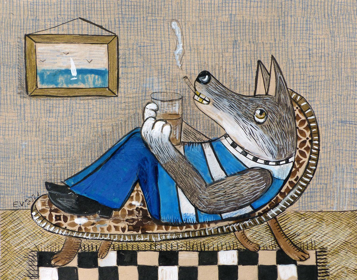 Naive Animal Painting By Elizabeth Vlasova, 14 X 11, Extraordinary Adventure, Original Artwork