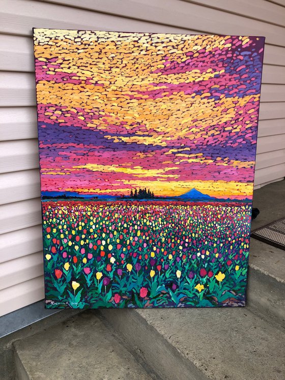 Field with tulips. Sunset 90-70cm