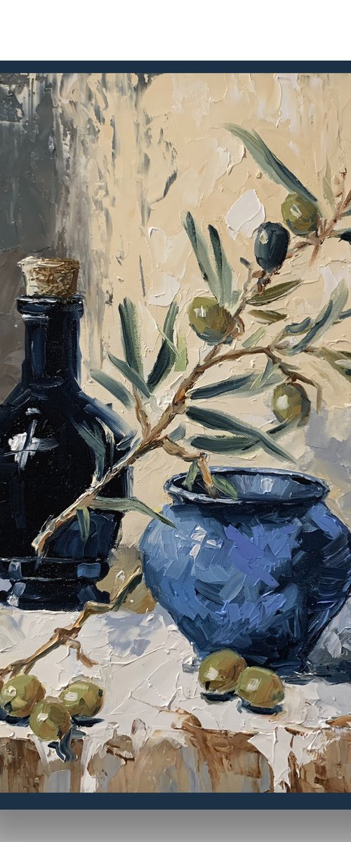 Olive Branch in Blue Vase. by Vita Schagen