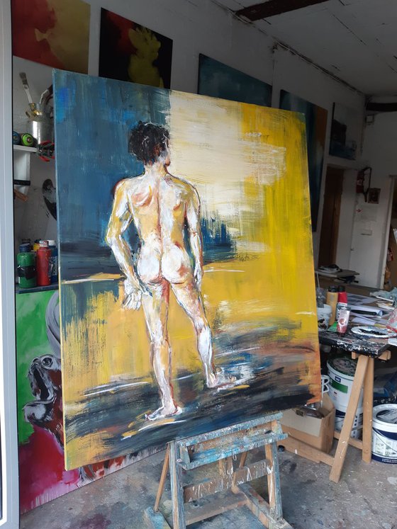 'AT THE BEACH' - Large abstract figurative artwork - male nude