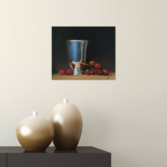 Original Oil Still Life Red Grapes with Antique Silver Goblet.