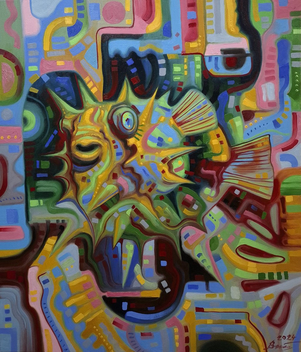 Surrealistic Animal Oil Painting By Serhii Voichenko, 24 X 28", Green Electric Fugue, Original Artwork