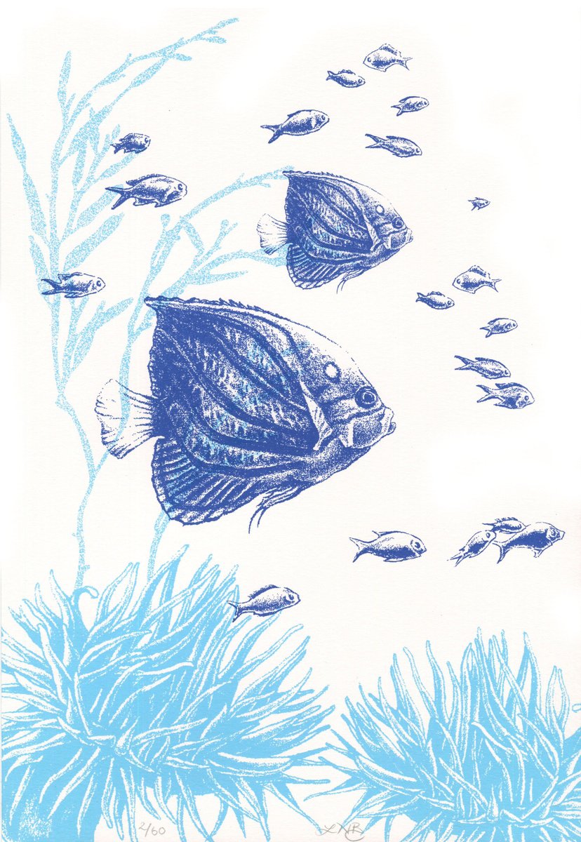 Illustrative Landscape Screenprint By Louise Boulton, 8 X 11", Tropical Waterscape, Original Artwork