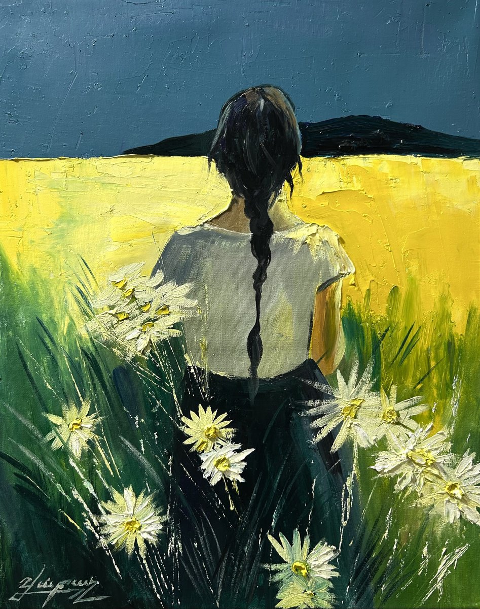 Impressionistic Landscape Oil Painting By Vahe Bagumyan, 16 X 20", Among The Daisies, Original Artwork