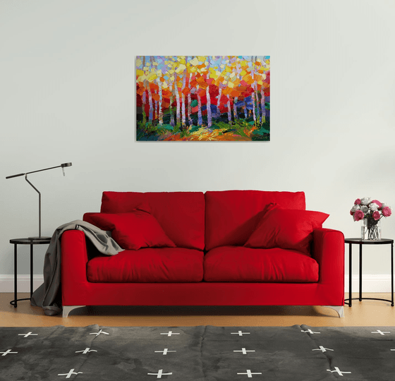 Bright colors of foliage, autumn forest painting, trees painting