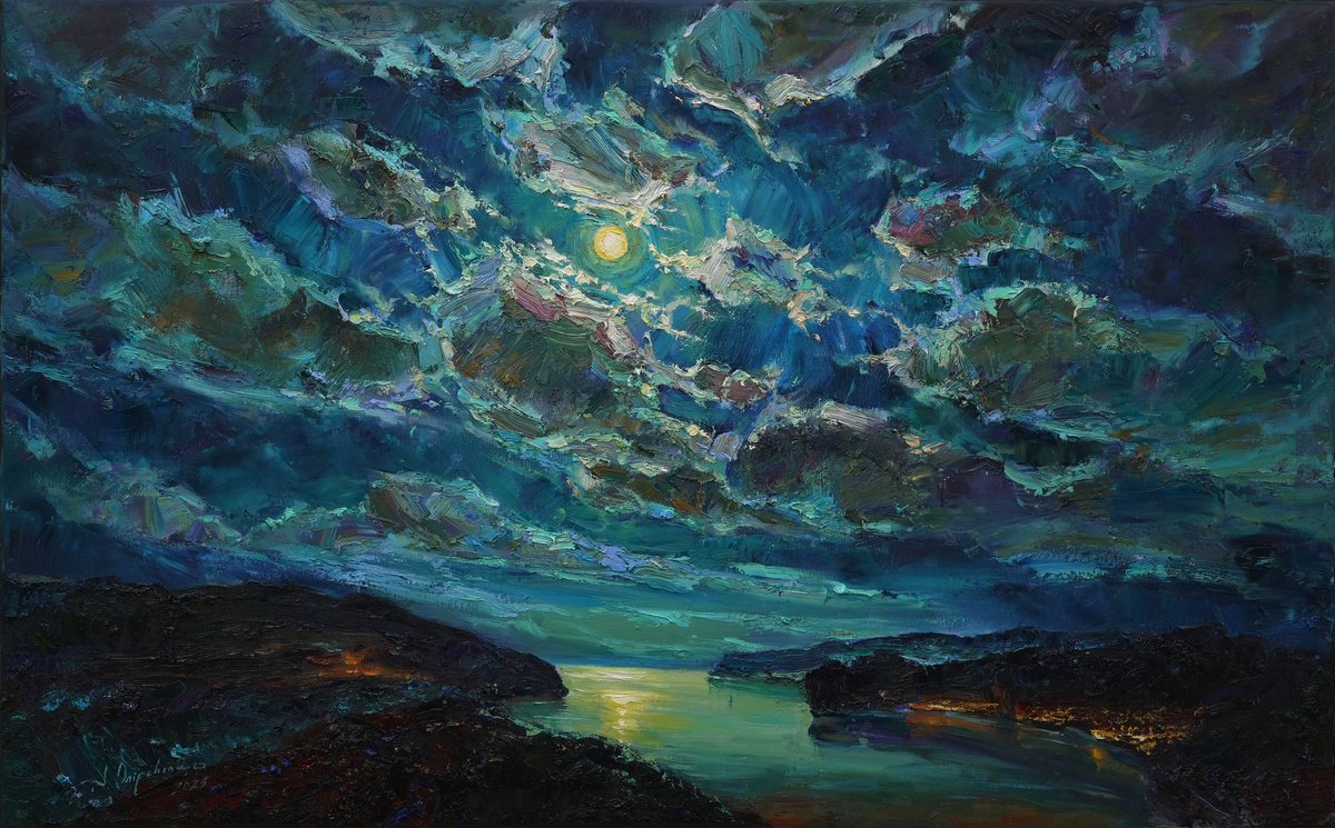 Impressionistic Landscape Oil Painting By Alisa Onipchenko-Cherniakovska, 41 X 26, Night Over The Bay, Original Artwork