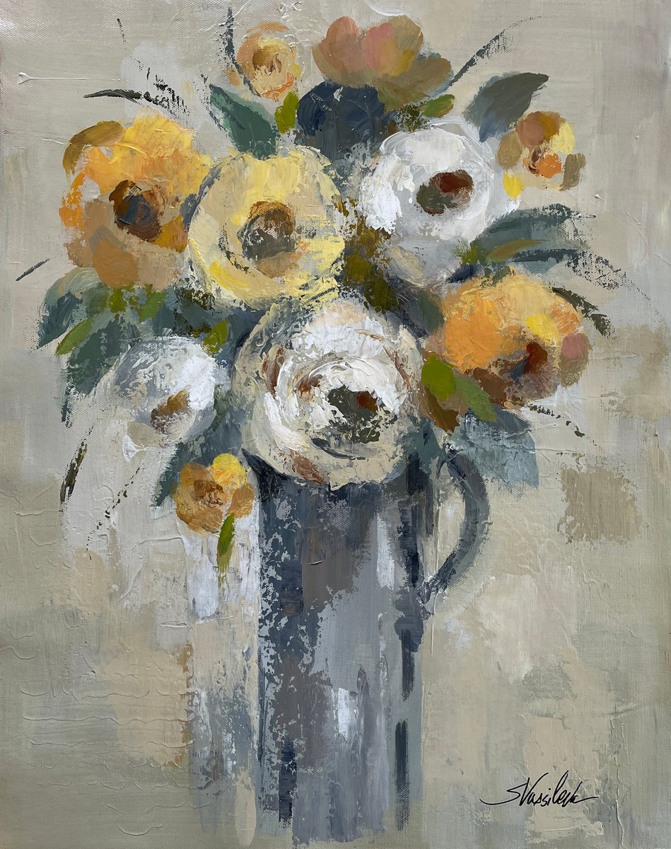 Expressive Still Life Acrylic Painting By Silvia Vassileva, 16 X 20", Flowers In A Jug, Original Artwork