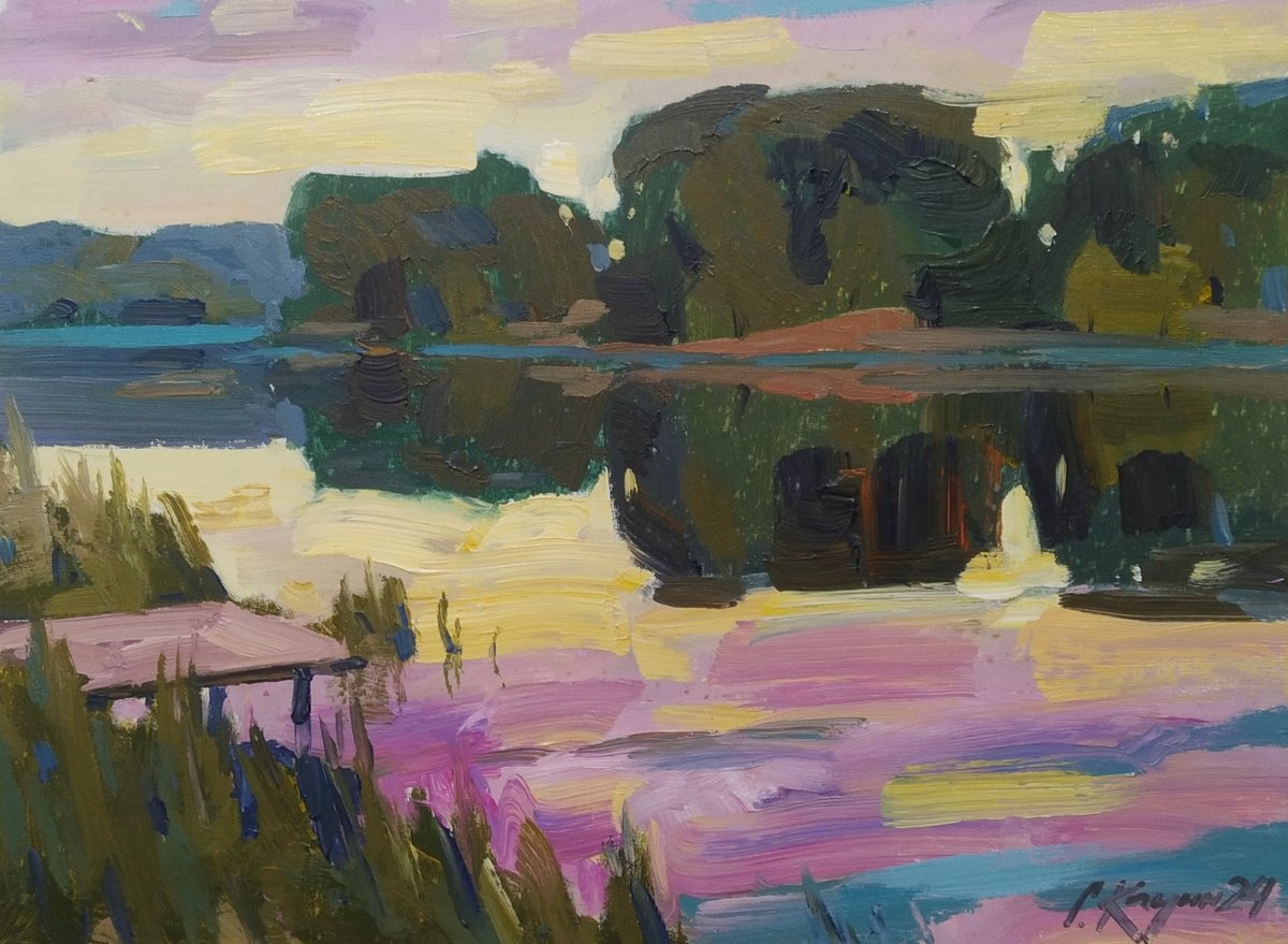 Impressionistic Landscape Acrylic Painting By Sergey Kachin, 24 X 18", Warm Morning, Original Artwork