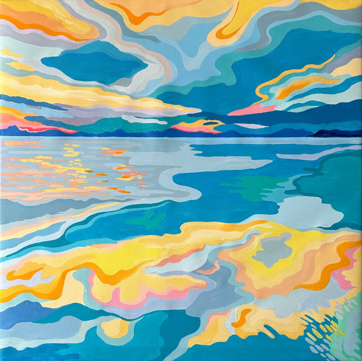 Expressive Landscape Acrylic Painting By Alexandra Dobreikin, 37 X 37, Reflection Of Clouds, Original Artwork