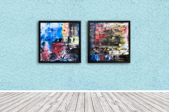 "True Love" - Original PMS Abstract Diptych Acrylic Paintings On Plexiglass, Framed - 52" x 26"