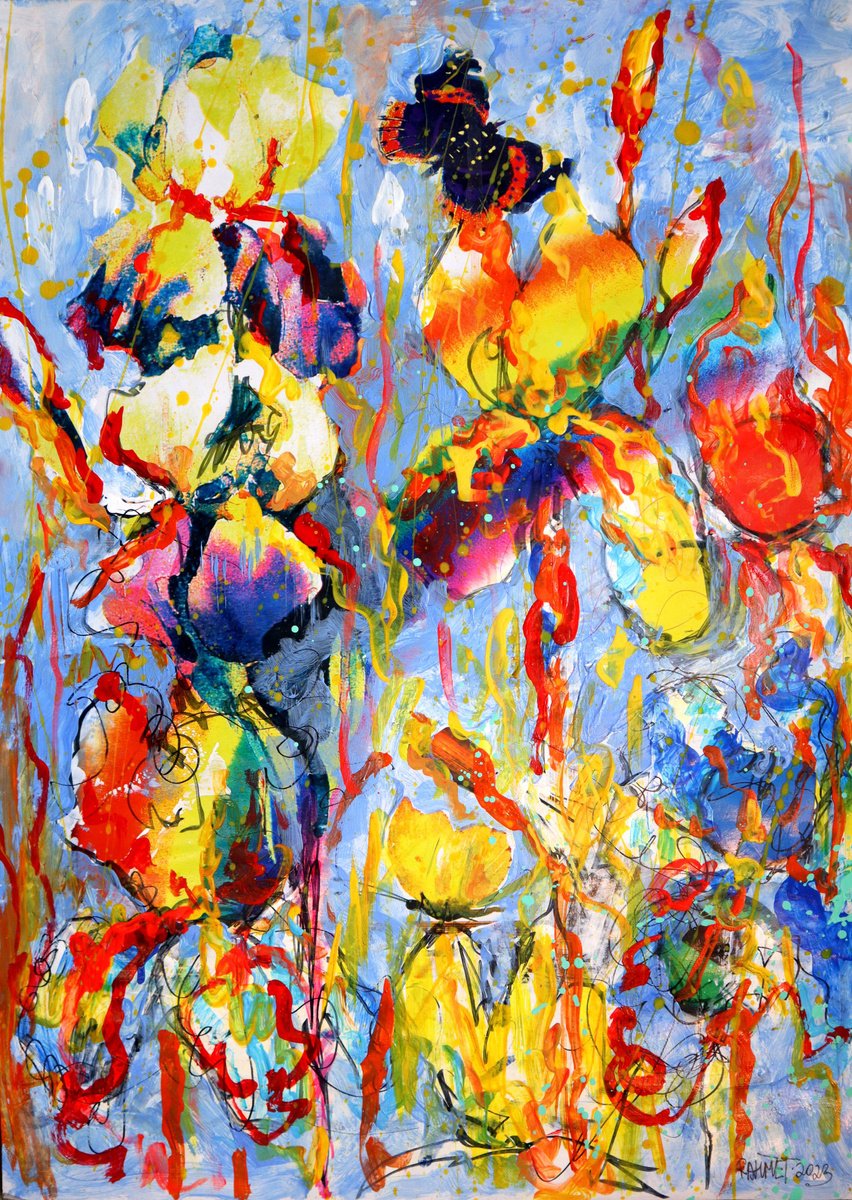 Impressionistic Botanical Acrylic Painting By Rakhmet Redzhepov, 17 X 23", Fantasy With Flowers 152, Original Artwork