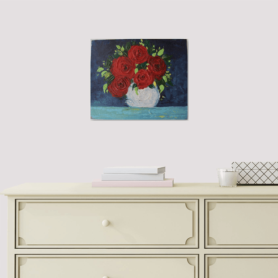 Red Roses- Impasto palette knife acrylic painting on a canvas board - textured floral still life artwork