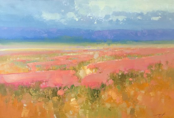 Field of Flowers, Landscape Original oil painting, One of a kind Signed