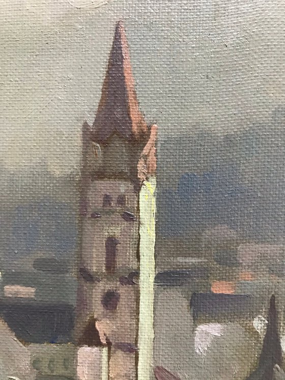 Original Oil Painting Wall Art Signed unframed Hand Made Jixiang Dong Canvas 25cm × 20cm Cityscape Morning Stuttgart Small Impressionism Impasto