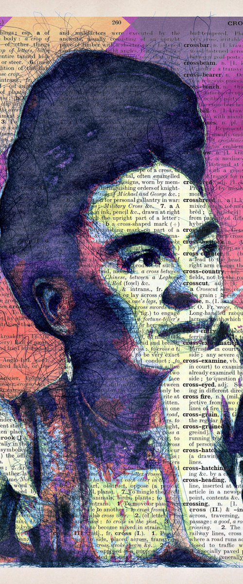 Frida Kahlo - Collage Art on Large Real English Dictionary Vintage Book Page by Jakub DK - JAKUB D KRZEWNIAK